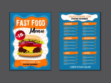 Fast food menü broşür tasarımı açık renkli vektör şablonuna A4 boyutunda. el ilanı, baner ve düzeni tasarımı.