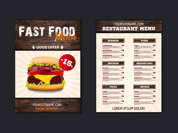 Fast Food Loft Menü Broschüre Design auf hölzernem Hintergrund Vektorschablone in der Größe A4. Flyer, Banner und Layout-Design. Ernährungskonzept. — Stockvektor