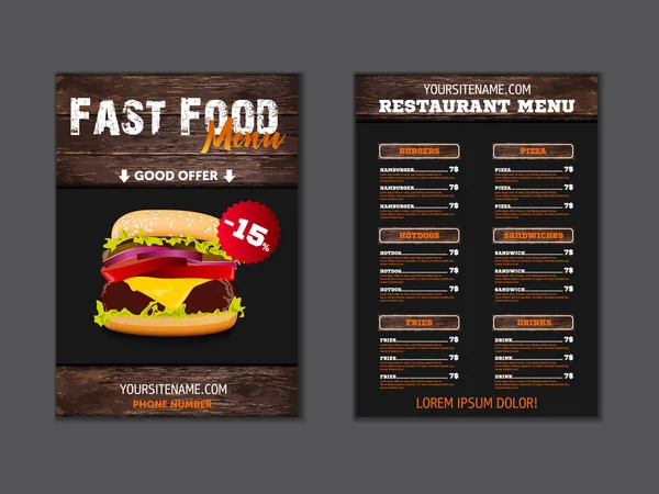 Fast Food Loft Menü Broschüre Design auf hölzernem Hintergrund Vektorschablone in der Größe A4. Flyer, Banner und Layout-Design. Ernährungskonzept. — Stockvektor