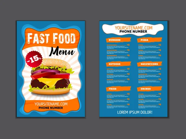 Fast food menu brochure design on a light background vector template in A4 size. flyer, baner and Layout Design. — Stock Vector