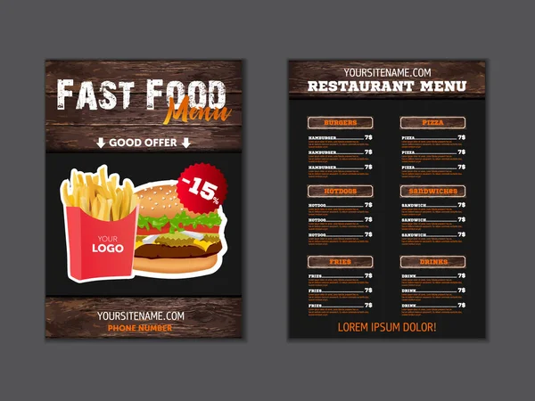 Menu elegante para restaurante fast food. em branco para brochura ou folheto para café fast food em estilo loft. Modelo de vetor com elementos de textura de madeira —  Vetores de Stock