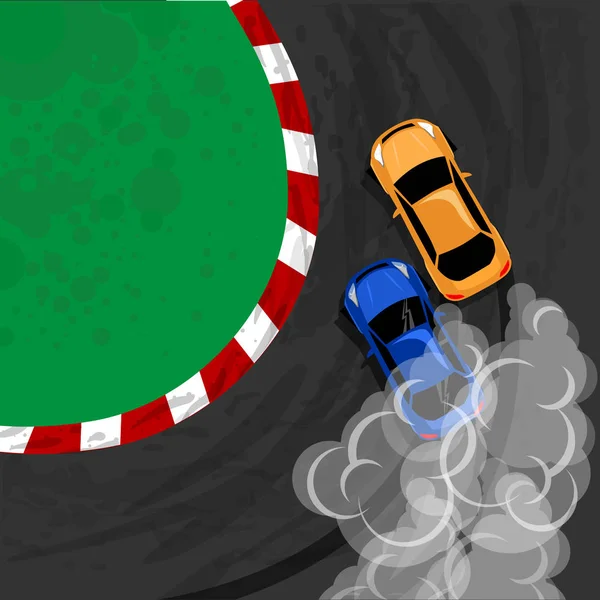 Tükenmişlik Araba, Japon spor araba drift. Çift yarış pisti turn'de iki araba drift. Vektör çizim için etiket, poster ya da rozeti