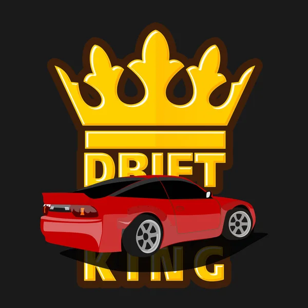 Logotipo de coche de deriva, emblema de rey de deriva, etiqueta, póster o impresión de diseño . — Vector de stock