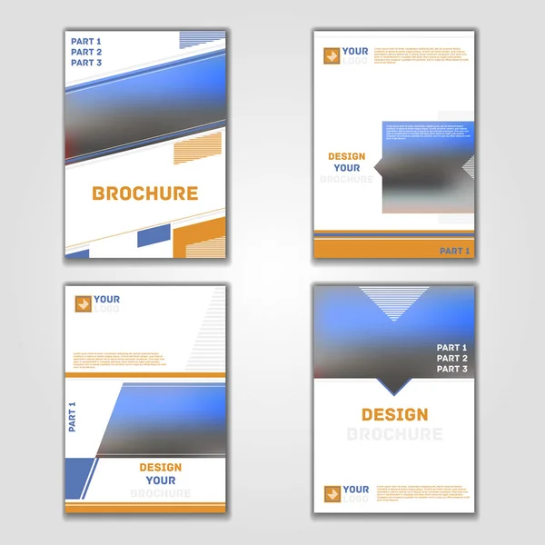 Zakelijke vector set. Brochure sjabloon lay-out, cover ontwerpen jaarverslag, tijdschrift, flyer in A4 met geel blauwe driehoeken, vierkante vliegen, cirkels, bloem, veelhoeken voor wetenschap, teamwerk. — Stockvector