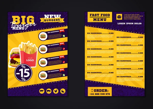 Fast food menü broşür tasarım vektör şablonu A4 boyutunda. el ilanı, baner ve düzeni tasarımı.