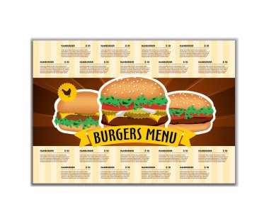 Fast food ya da hamburger menü tasarım şablonu A4 boyutunda. Broşür ve düzeni tasarımı.
