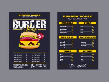 Menü placemat gıda restoran broşürü, menü şablon tasarımı. Vektör gıda menü el ilanı. Gurme menü tahtası.