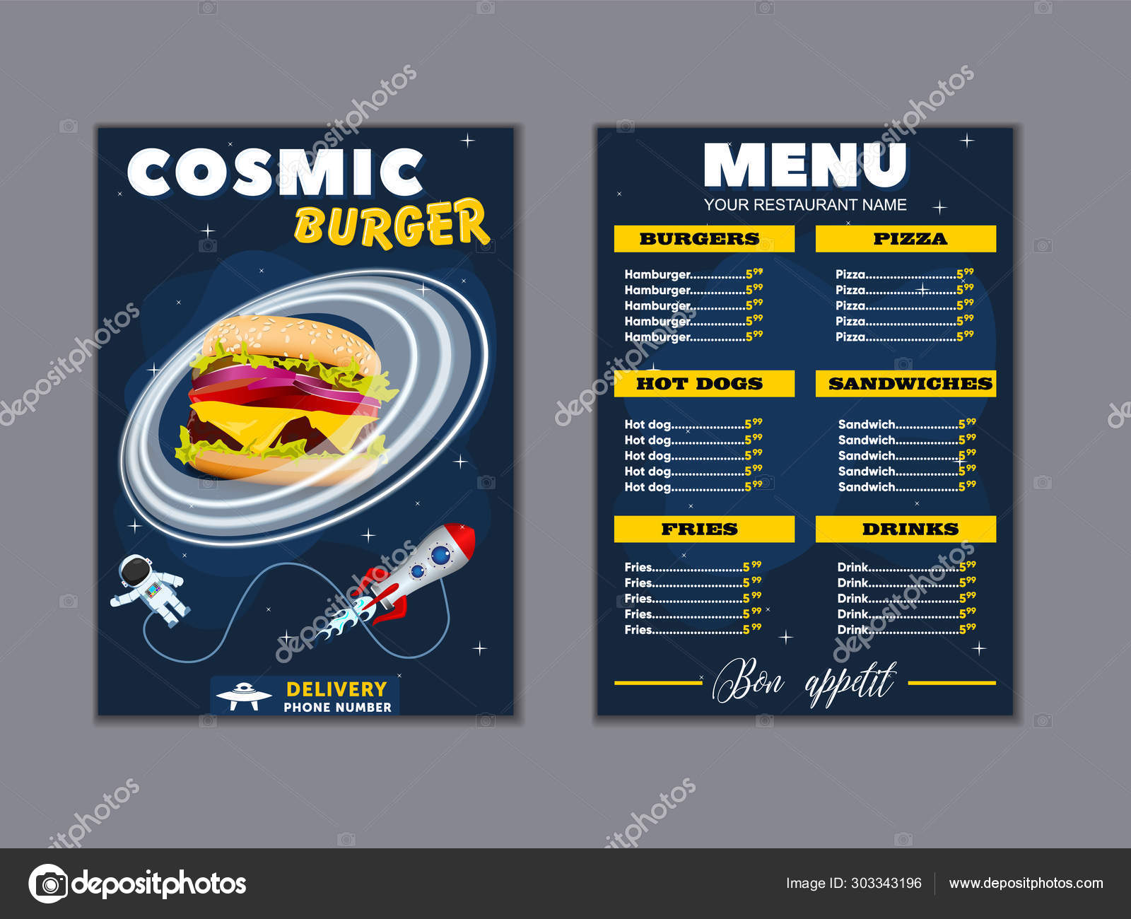 Cosmic meals Kids menu Vector fast food Menu for
