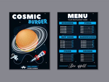 Kozmik yemekler Çocuk menü broşürü. Vektör fast food el ilanı. Astronot ve uzay gemisi ile kafe için menü