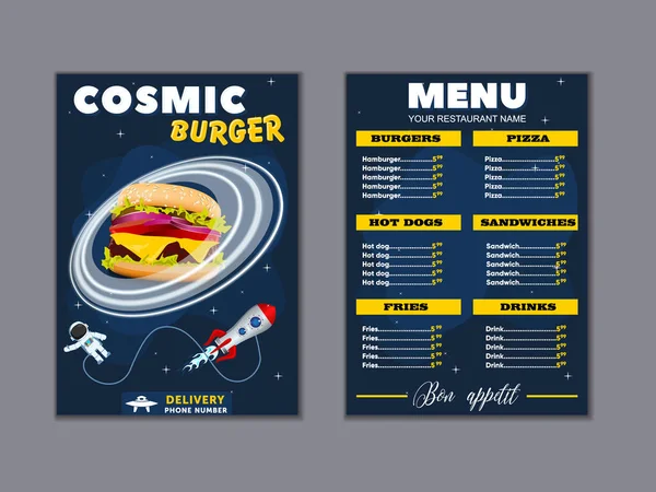 Kozmik yemekler Çocuk menü broşürü. Vektör fast food el ilanı. Astronot ve uzay gemisi ile kafe için menü