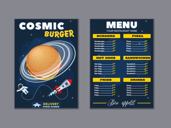 Kozmik yemekler Çocuk menü broşürü. Vektör fast food el ilanı. Astronot ve uzay gemisi ile kafe için menü