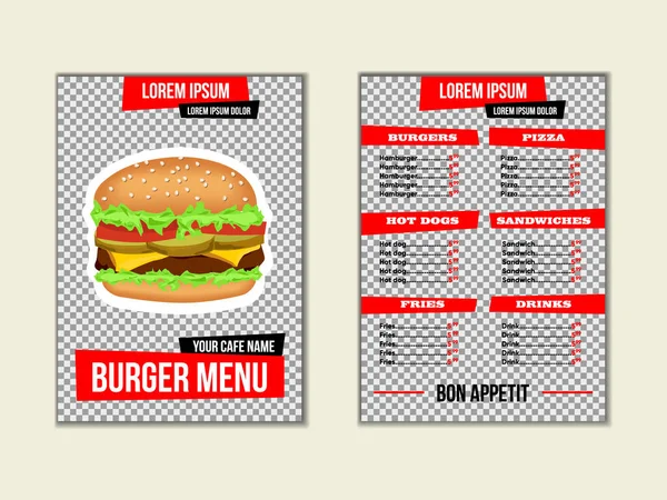 Menú para restaurante de comida rápida con fondo transparente. plantilla para folleto con hamburguesa sobre fondo transparente — Vector de stock