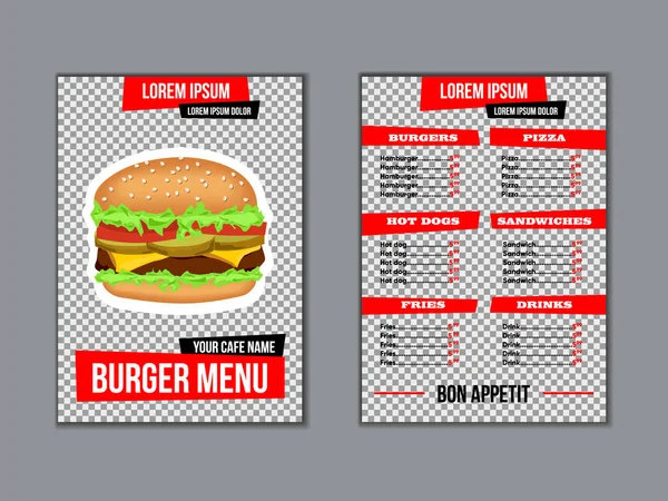Menü für Fast Food Restaurant mit transparentem Hintergrund. Vorlage für Broschüre mit Burger auf transparentem Hintergrund — Stockvektor