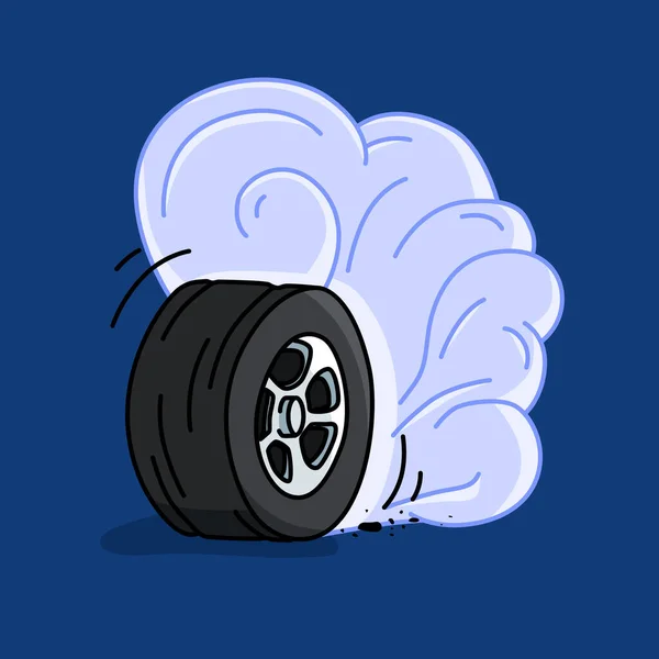 Isolerad utbränd hjul på en blå bakgrund. rök hjul handritad illustration — Stock vektor