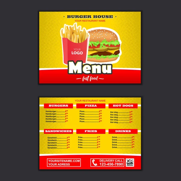 Design von Fast-Food-Menüs und Cartoon-Vektor-Illustration. — Stockvektor