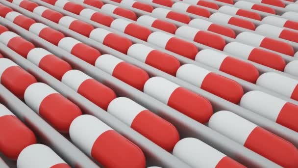 Produktionsprozess von Pillen, Tabletten, rot-weißen Kapseln. Pharmazeutisches Werk — Stockvideo