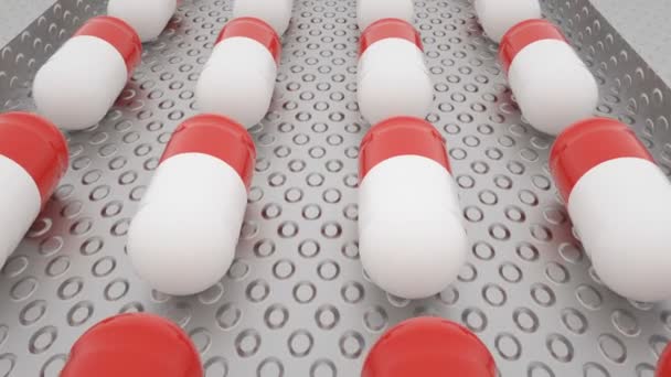 Proceso de producción de píldoras, tabletas, cápsulas rojas blancas. Planta farmacéutica — Vídeos de Stock