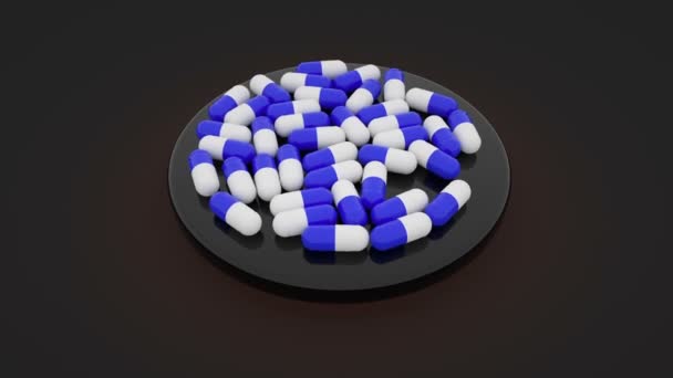 Pílulas rotativas 3D na plataforma com fundo de emissão vermelho — Vídeo de Stock