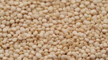 Dönen beyaz kinoa tohumlarının yakın çekimi. Mısır gevreği dokusu gösterimi.