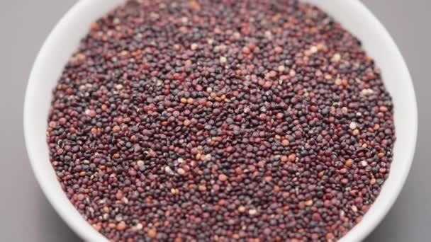 Quinoa frön i vit skål på mörk bakgrund rotation. Högst upp. Makro — Stockvideo