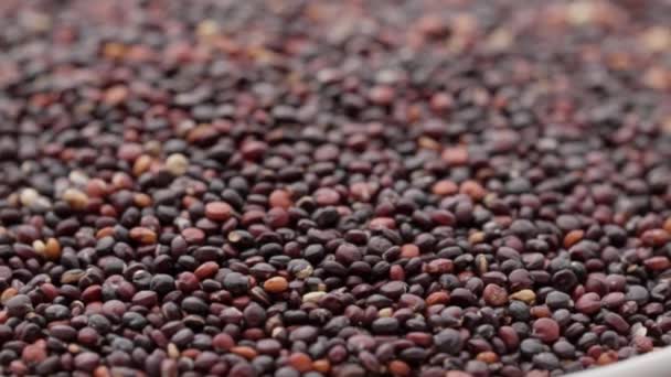 Quinoa semínka v bílé míse na tmavém pozadí rotace. Horní pohled. Makro — Stock video
