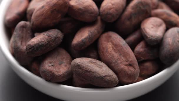 Cacaobonen in een witte kom. Rotatie op donkere achtergrond. — Stockvideo