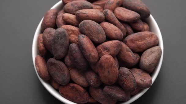 Frijoles de cacao en un tazón blanco. Rotación sobre fondo oscuro. — Vídeos de Stock