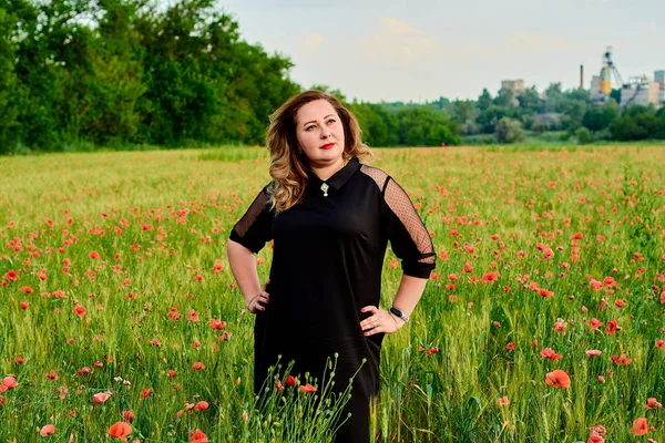 Mujer de talla grande en un vestido negro en un campo de trigo verde y amapolas silvestres. Mujer gorda con sobrepeso . — Foto de Stock