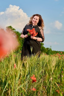 Artı yeşil buğday ve yabani haşhaş bir alanda siyah elbiseli bir kadın. Kilolu şişman kadın.