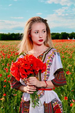 Yeşil buğday ve yabani haşhaş bir alanda beyaz kısa elbiseli uzun saçlı sarışın genç kadın.