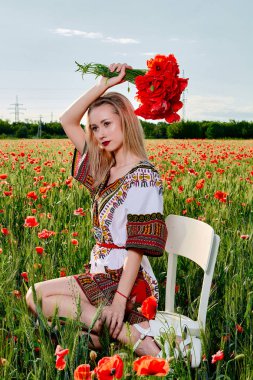 Yeşil buğday ve yabani haşhaş bir alanda beyaz kısa elbiseli uzun saçlı sarışın genç kadın.