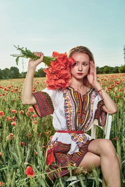 Yeşil buğday ve yabani haşhaş bir alanda beyaz kısa elbiseli uzun saçlı sarışın genç kadın.