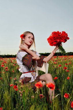 Yeşil buğday ve yabani haşhaş bir alanda beyaz kısa elbiseli uzun saçlı sarışın genç kadın.