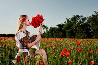 Yeşil buğday ve yabani haşhaş bir alanda beyaz kısa elbiseli uzun saçlı sarışın genç kadın.