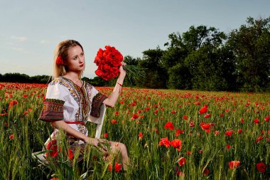 Yeşil buğday ve yabani haşhaş bir alanda beyaz kısa elbiseli uzun saçlı sarışın genç kadın.