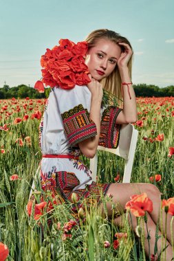 Yeşil buğday ve yabani haşhaş bir alanda beyaz kısa elbiseli uzun saçlı sarışın genç kadın.