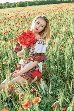 Yeşil buğday ve yabani haşhaş bir alanda beyaz kısa elbiseli uzun saçlı sarışın genç kadın.