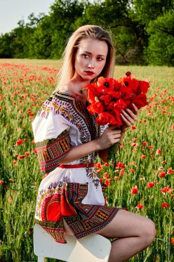 Yeşil buğday ve yabani haşhaş bir alanda beyaz kısa elbiseli uzun saçlı sarışın genç kadın.