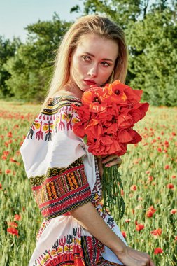 Yeşil buğday ve yabani haşhaş bir alanda beyaz kısa elbiseli uzun saçlı sarışın genç kadın.