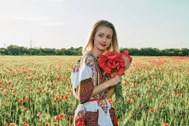 Yeşil buğday ve yabani haşhaş bir alanda beyaz kısa elbiseli uzun saçlı sarışın genç kadın.