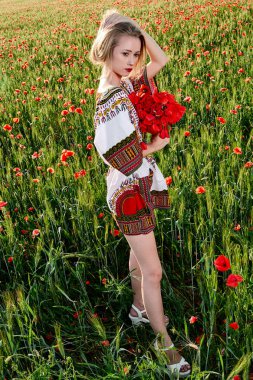 Yeşil buğday ve yabani haşhaş bir alanda beyaz kısa elbiseli uzun saçlı sarışın genç kadın.