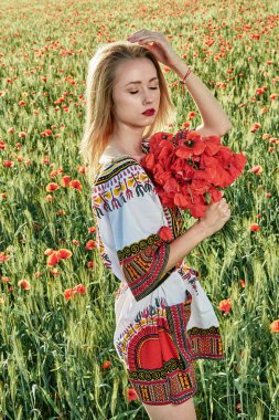 Yeşil buğday ve yabani haşhaş bir alanda beyaz kısa elbiseli uzun saçlı sarışın genç kadın.