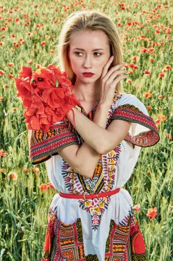 Yeşil buğday ve yabani haşhaş bir alanda beyaz kısa elbiseli uzun saçlı sarışın genç kadın.