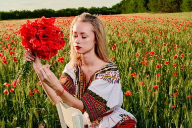 Yeşil buğday ve yabani haşhaş bir alanda beyaz kısa elbiseli uzun saçlı sarışın genç kadın.