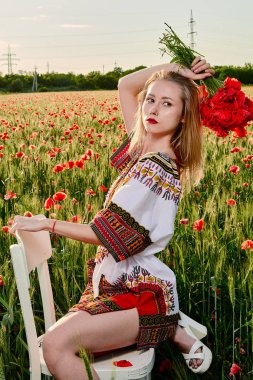 Yeşil buğday ve yabani haşhaş bir alanda beyaz kısa elbiseli uzun saçlı sarışın genç kadın.