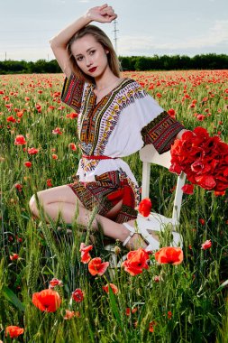 Yeşil buğday ve yabani haşhaş bir alanda beyaz kısa elbiseli uzun saçlı sarışın genç kadın.