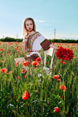 Yeşil buğday ve yabani haşhaş bir alanda beyaz kısa elbiseli uzun saçlı sarışın genç kadın.