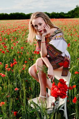 Yeşil buğday ve yabani haşhaş bir alanda beyaz kısa elbiseli uzun saçlı sarışın genç kadın.