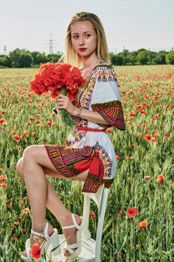 Yeşil buğday ve yabani haşhaş bir alanda beyaz kısa elbiseli uzun saçlı sarışın genç kadın.