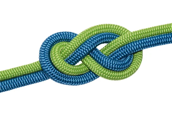 两条绳子的蓝色和绿色的节点八 在白色背景上被隔离 图库图片